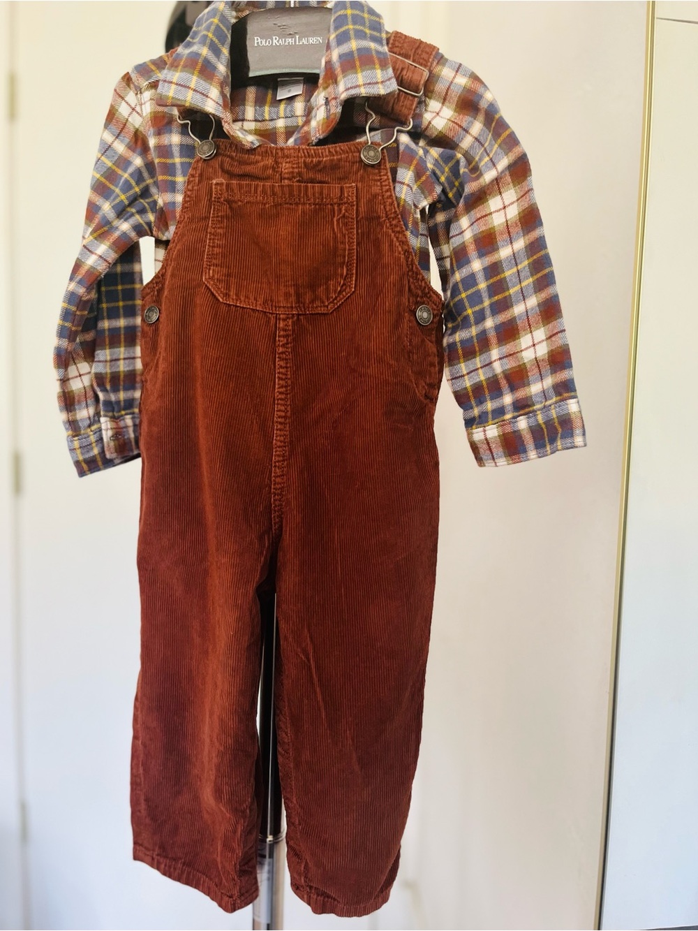 Carter's 24M Brown Corduroy Overalls & Plaid Shirt Outfit Set | Fall Toddler